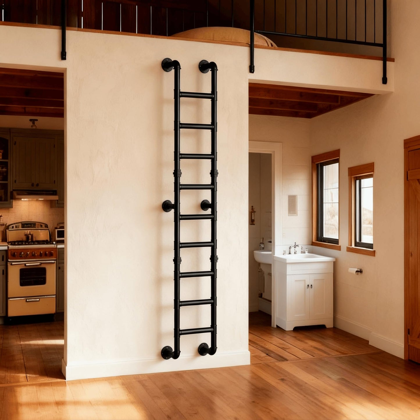 9FT Wall Mounted Ladder Heavy Duty 450lbs Capacity, 9-Step Steel Pipe Fire Escape Ladder for Egress Window & Basement, Industrial Wall/Floor-Mounted Loft