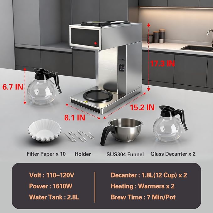 VONCI 1610W Commercial Coffee Maker, 12 Cup Drip Coffee Machine, 2 Glass Carafes and 2 Warmers, Stainless Steel Housing & Funnel, Industrial Coffee Maker for Offices, Hotels, Home