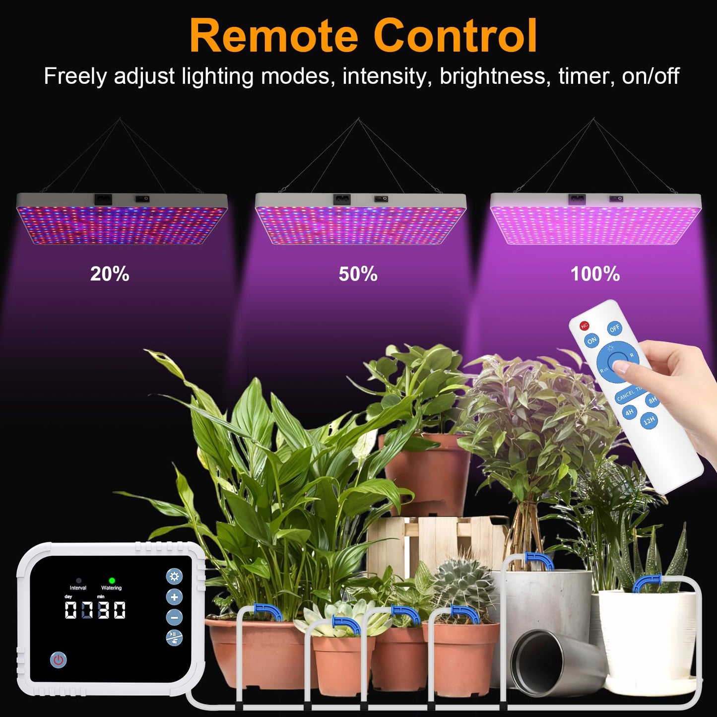 ZRYBOMY LED Grow Light with Automatic Watering System, Full Spectrum, Remote Control, Aluminum, White, Model G1, Grow Light+Watering System