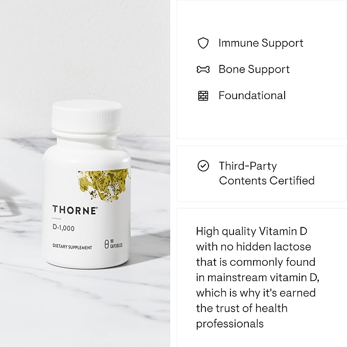 THORNE Vitamin D3 Supplement - Supports Healthy Bones, Teeth, Muscles, Cardiovascular & Immune Function* - Gluten, Dairy & Soy-Free - 1,000 IU - 90 Capsules