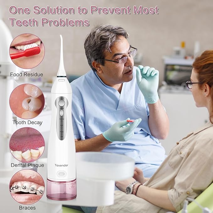 TOVENDOR Electric Water Flosser, Cordless Rechargeable Dental Oral Irrigator IPX7 Waterproof 300ML Travel Water Teeth Cleaner with 5 Tips for Braces Care Teeth Gums Cleaning, Home Office Daily Use
