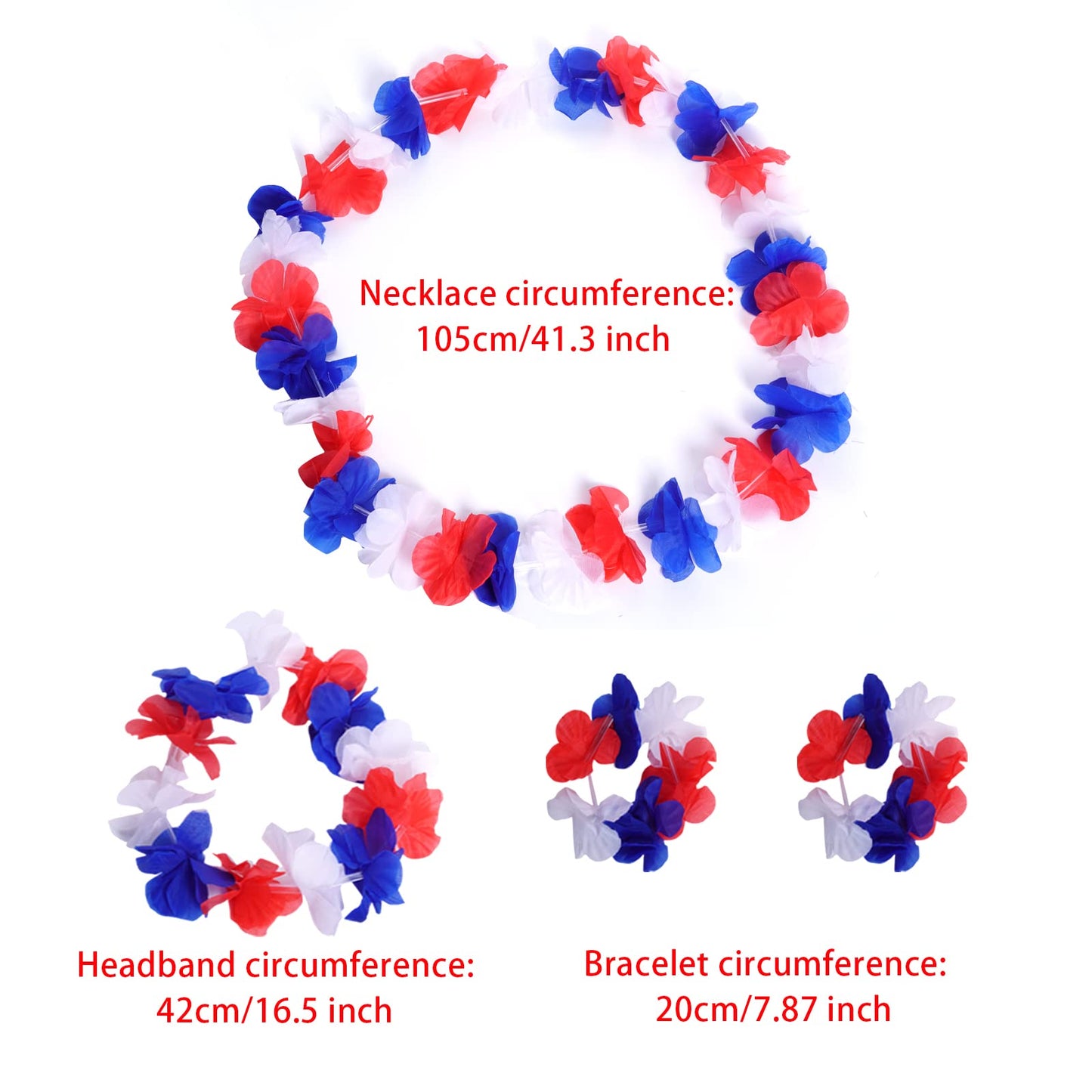 SUMERSHA 5 Set 20pcs Red White and Blue Flower Leis Patriotic 4th of July Decorations Hawaiian Luau Flower Necklace Headbands Wr