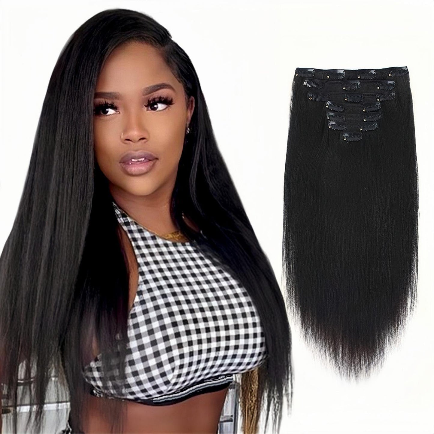 SixStarHair Yaki Straight Clip In Hair Extensions Real Human Hair 14inch Coarese Yaki Hair Extensions with Clips 120g 7 Pieces T