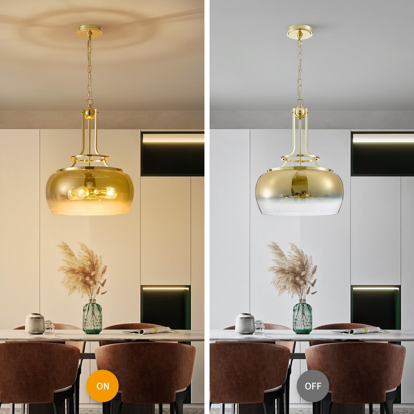 WUZUPS Gold Chandelier Pendant Light Fixture, 3-Light, Gradient Glass Shade, H 20.9in W 15.9in, Model USHD30308PB