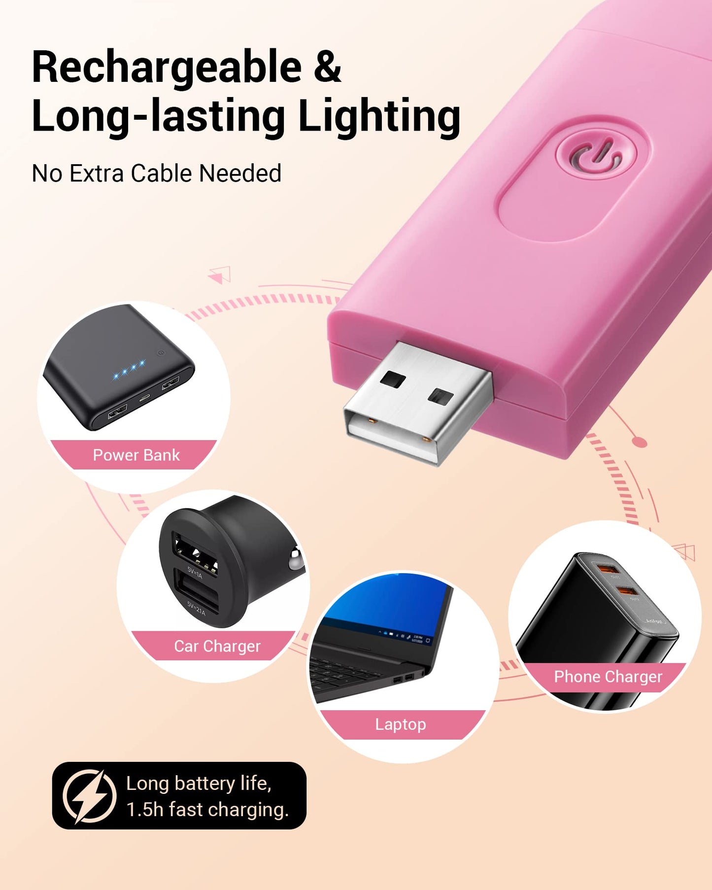DEWENWILS LED Book Light, USB Rechargeable, Warm White, Brightness Adjustable, Clip-On, Pink