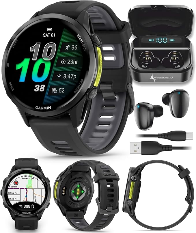 Wearable4U Garmin Forerunner 970, GPS Running Smartwatch, Tailored to Triathletes, Long-Lasting Battery, Black Black Earbu...