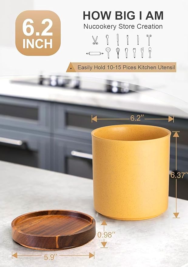 Nucookery 360°Rotating Utensil Holder, 7.2" Kitchen Utensil Crock, Ceramic Cooking Utensil Organizer with Countertop-Protection Cork Bottom for Farmhouse Kitchen Decor Christmas (Yellow Sand)