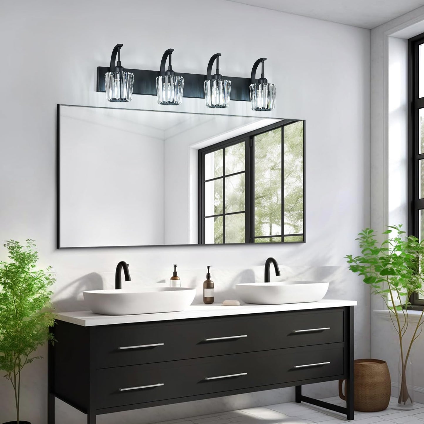 Fdpby Modern Bathroom Vanity Light  4-Light Black Wall Sconce With Crystal Accents  Over Mirror Bathroom Lighting Fixture  32.67 Long Dimmable Vanity Lamp For Makeup  Easy Installation
