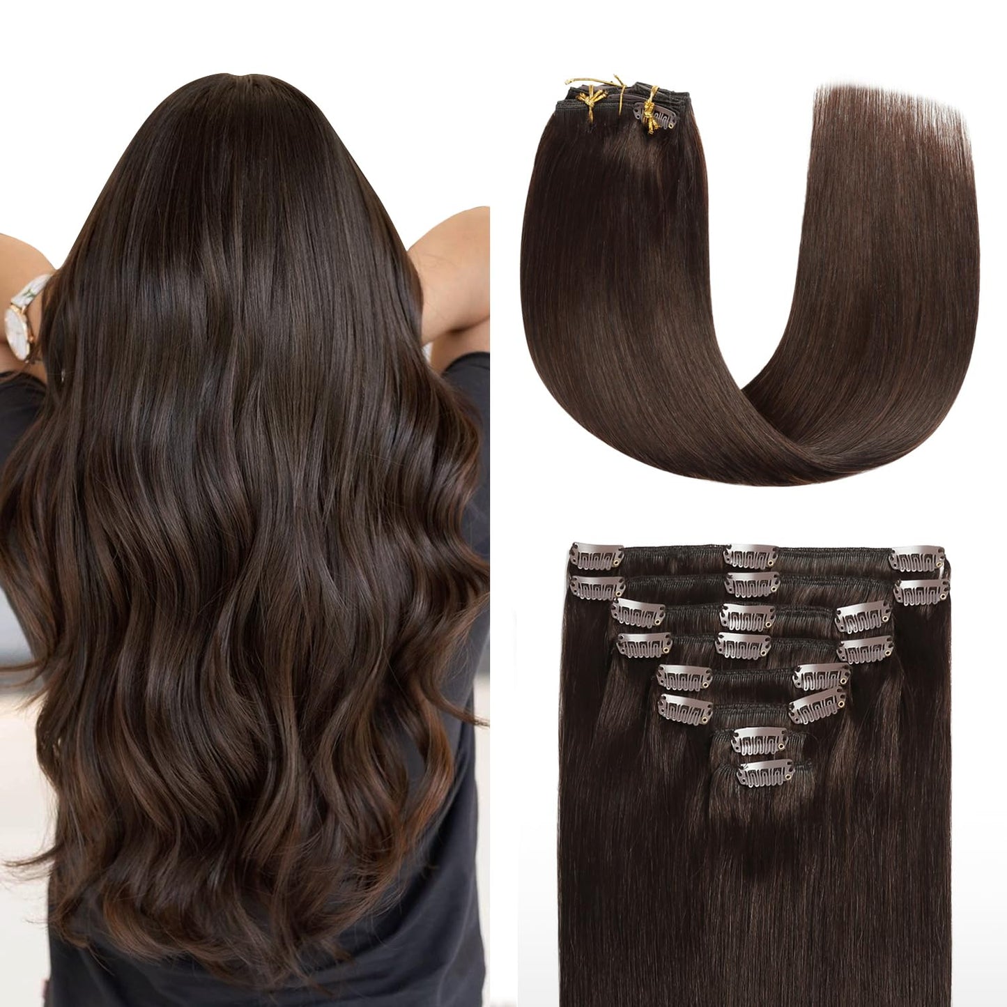 Sunya Clip in Hair Extensions Real Human Hair Dark Brown Human Hair Clip in Extensions Double Weft Brown Human Hair Clip ins Str