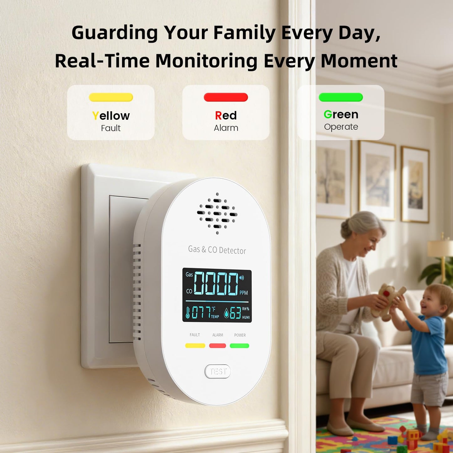 Carbon Monoxide Detectors,Plug in CO and Natural Gas Detector, Combination Gas & Carbon Monoxide Detectors for Travel with Temperature Humidity Display, 4 in 1 CO & Gas Detector for Home/Travel