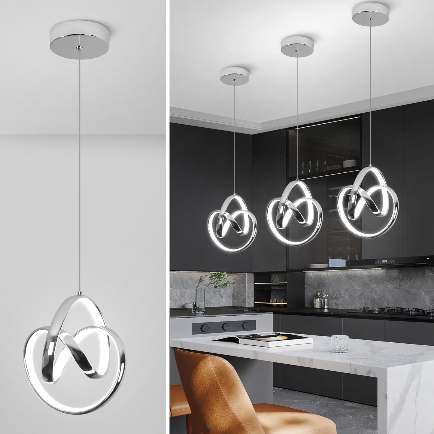 Sovinzert 6000K Modern Pendant Light Fixtures  Led Pendant Lights Kitchen Island Lighting Adjustable Height Chrome Hanging Lights For Dining Room Kitchen Bedroom  1Pack
