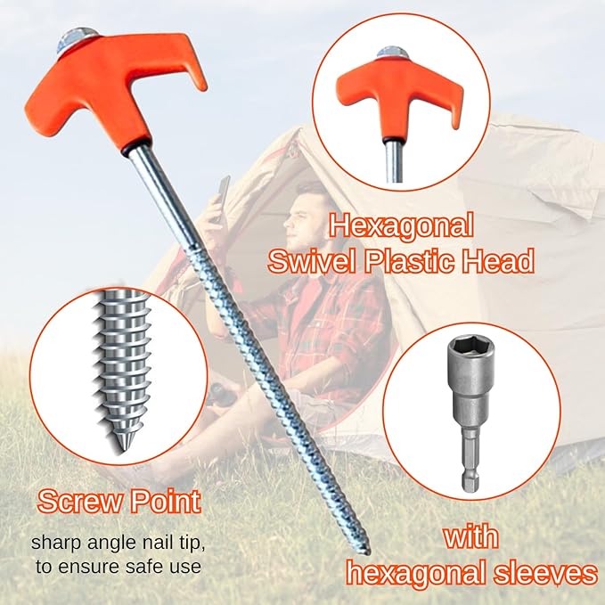 8" Screw in Tent Stakes - Ground Anchors Screw in, Screw in Tent Stakes Heavy Duty, Tent Pegs Camping Stakes, Metal Threaded Tent Spikes, Screw Tent Stakes with Hex Sleeves (12Pcs+Bag Orange)