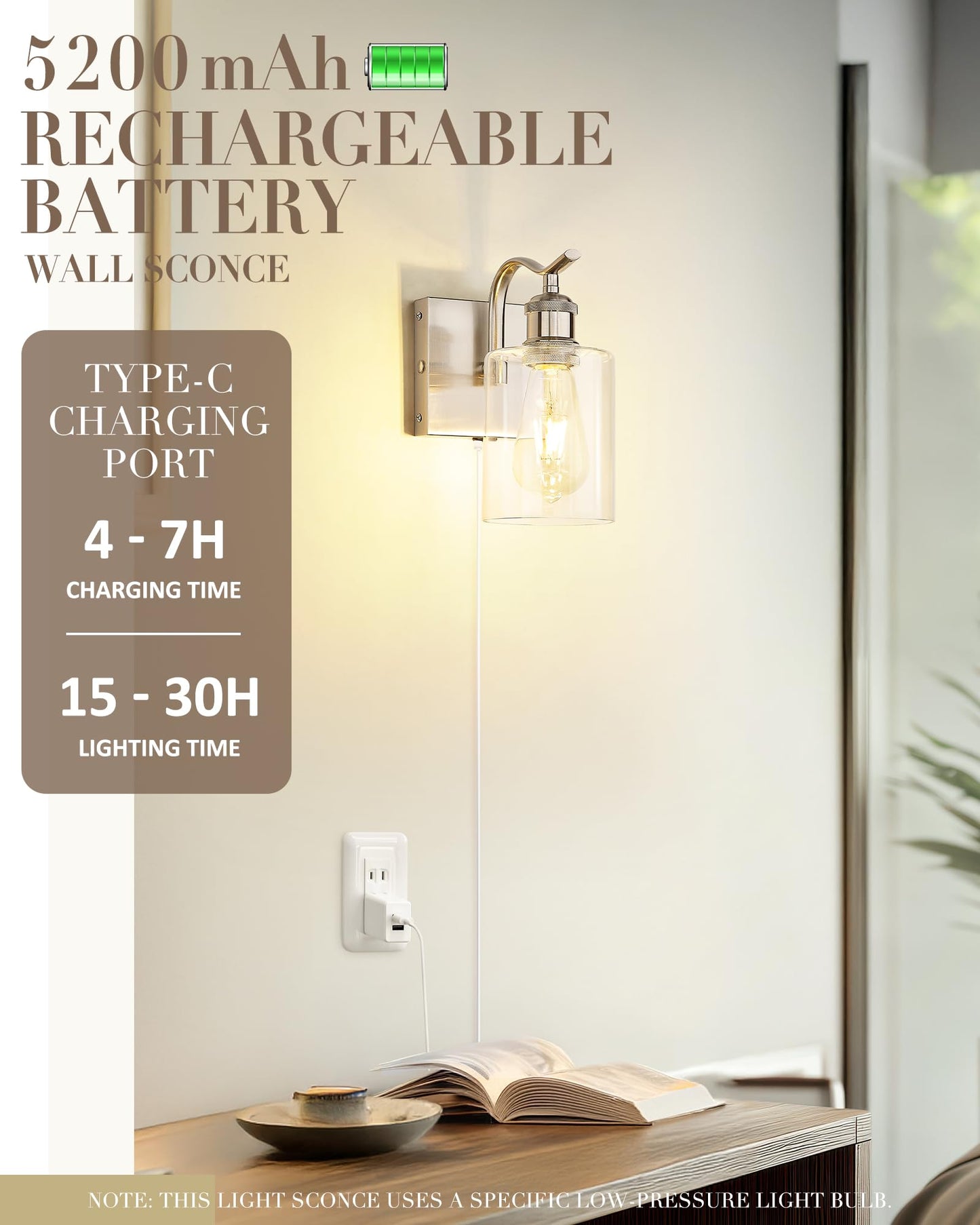 Jazava Brushed Nickel Battery Cordless Wall Sconces  Rechargeable Sconces Wall Lighting Fixture With Clear Glass Shade For Bathroom Industrial Metal Wall Mount Lamp For Bedroom Living Room Zcvl01Bn-1A