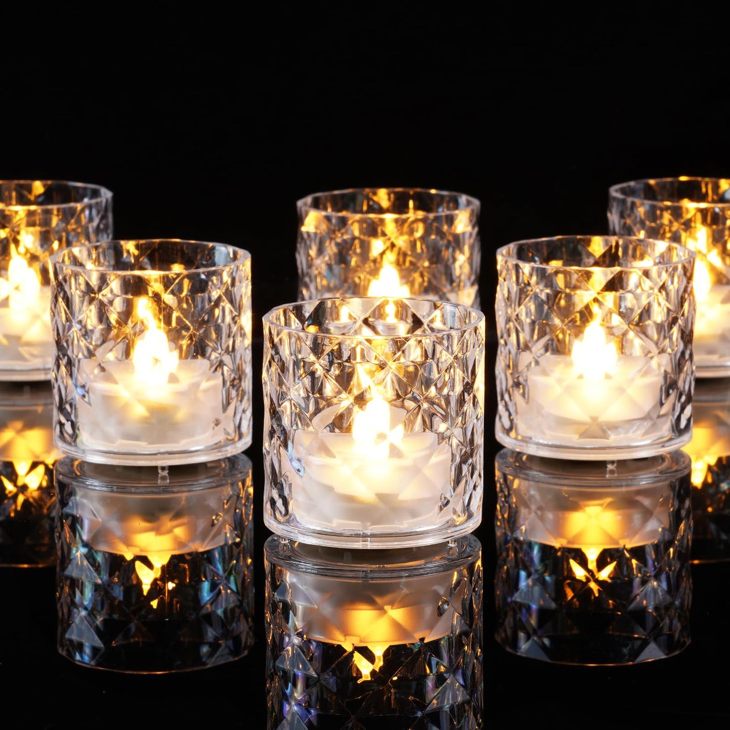 Homemory 2" x 2" Acrylic Votive Candle Holders with Auto Timer Flameless Led Tealight, Battery Powered Fake Electric Candles for Wedding Centerpiece, Table, Christmas Decor (12Pack, Clear Base)