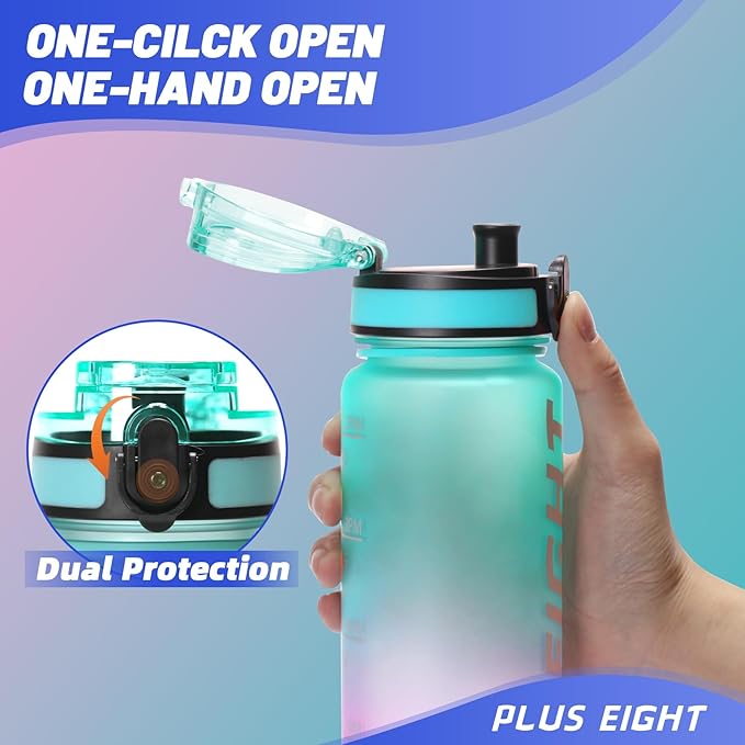 Sports Water Bottle, 32 oz Motivational Water Bottles with Time Marker to Drink, Leak-Proof Tritan BPA-Free with Carrying Strap for Women Men Gym Fitness Outdoor (Green Purple)