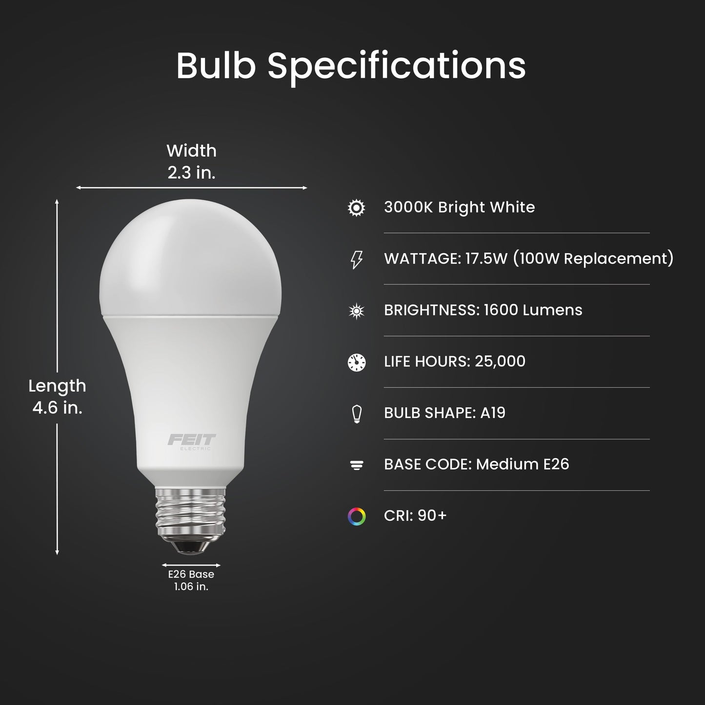Feit Electric A19 100W Equivalent LED Light Bulbs, Dimmable, 3000k Bright White, 1600 Lumens, 22 Year Lifetime, E26 Base, CRI 90, UL Listed, Damp Rated, 2 Pack, OM100DM/930CA/2