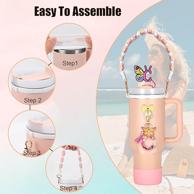 SPORCLO Stanley Cup Accessories Include Silicone Stanley Straw Cover, Butterfly Letter Keychain Charms, Water Bottle Handle Strap, Boot and Chain for Stanley Cup 30oz 40oz Tumbler