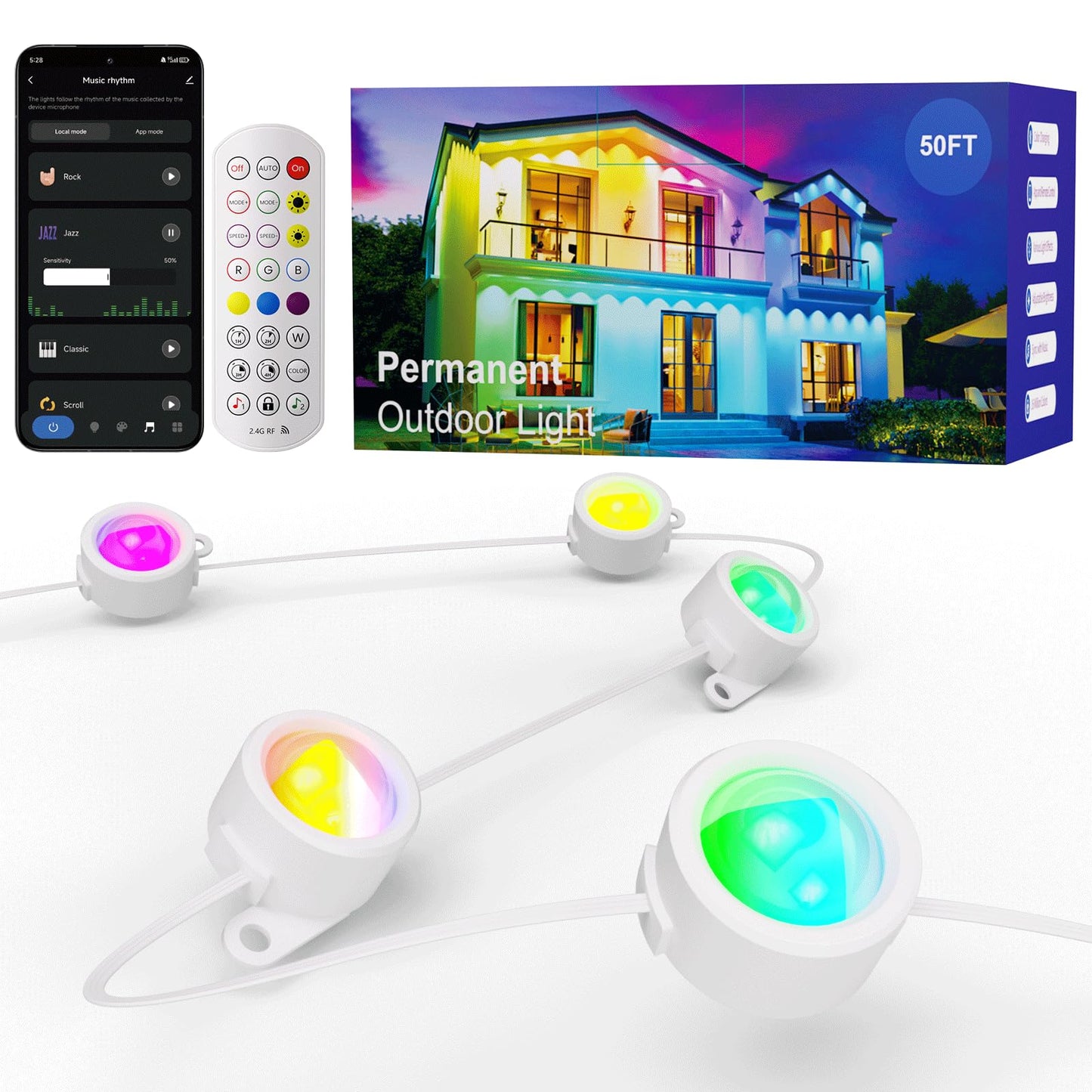 HUTAKUZE 50FT Permanent Outdoor Lights, 30 RGB LED, IP67 Waterproof, APP/Remote Control, Music Sync, Multicolor, Model C5109