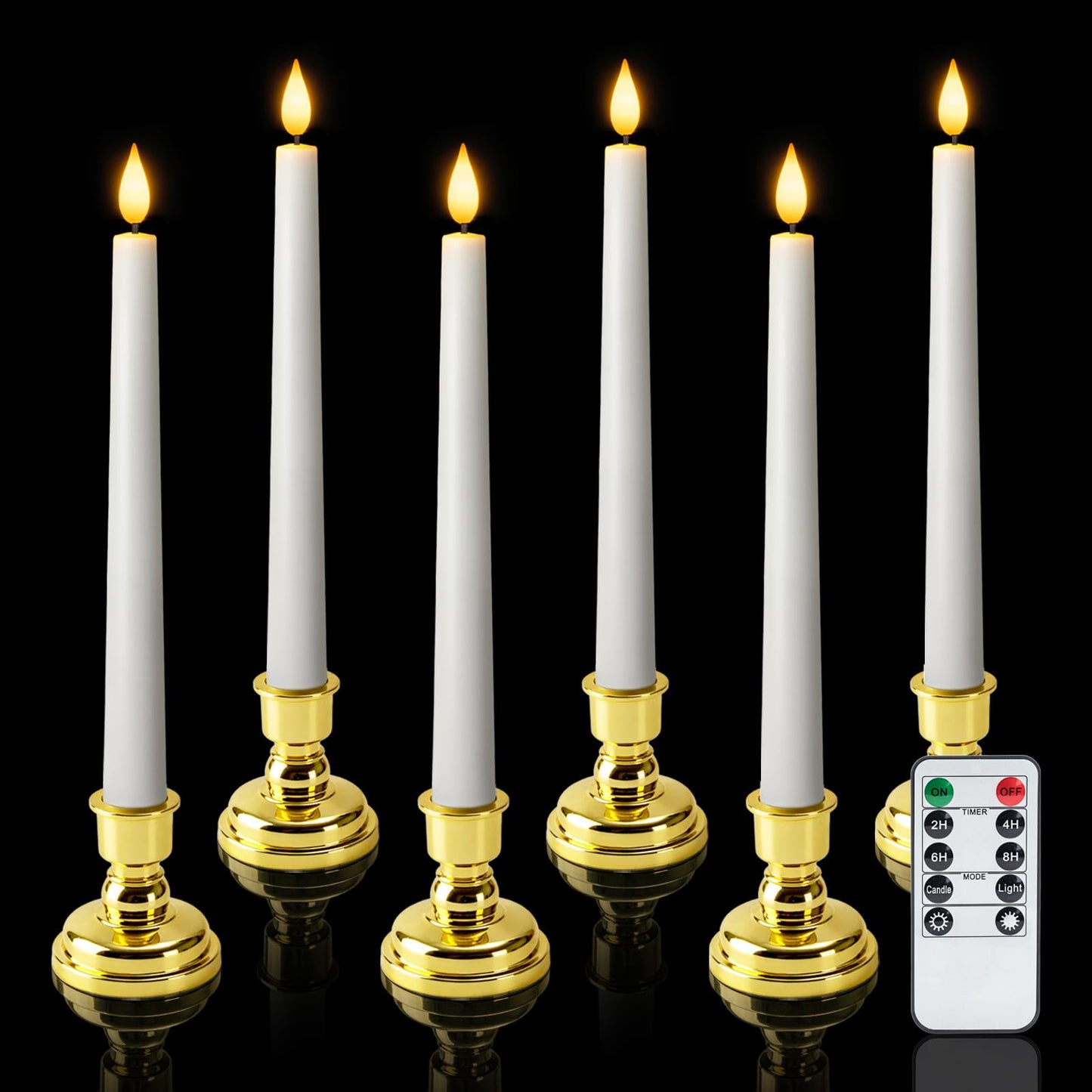 Meigic 6 Pcs Window Candles with Gold Holders, Flameless Taper Candles with Remote and Timer, White LED Christmas Candle for Hom