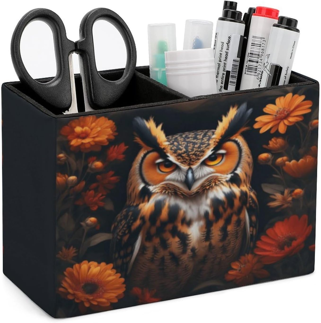 Owl Among Flowers Lether Pen Holder for Desk Makeup Brush Holder Office Organizer Desk Accessory for School Office