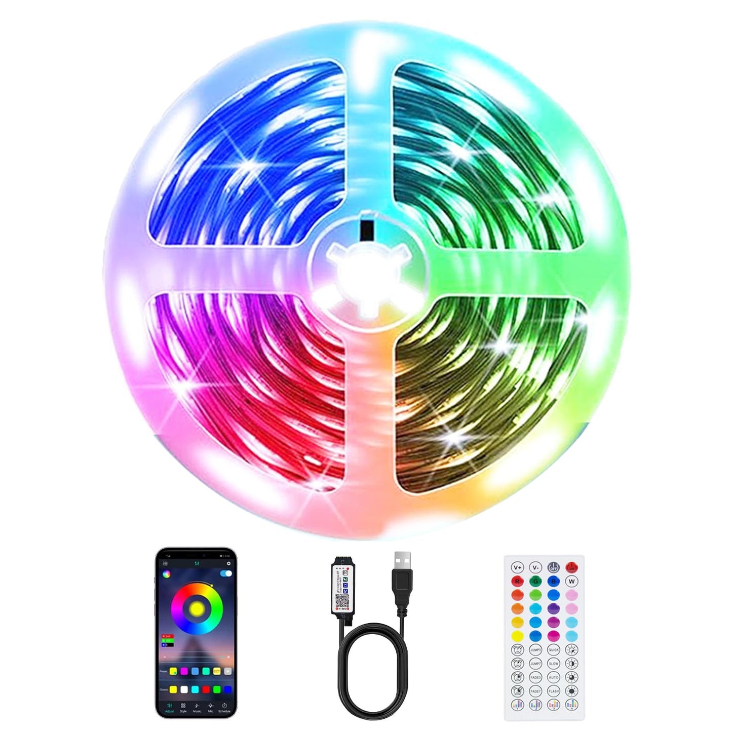 PSTAR LED Strip Lights, 32.8ft RGB Color Changing, Music Sync, USB-Powered, Bluetooth App Control, Model XLUSB10M
