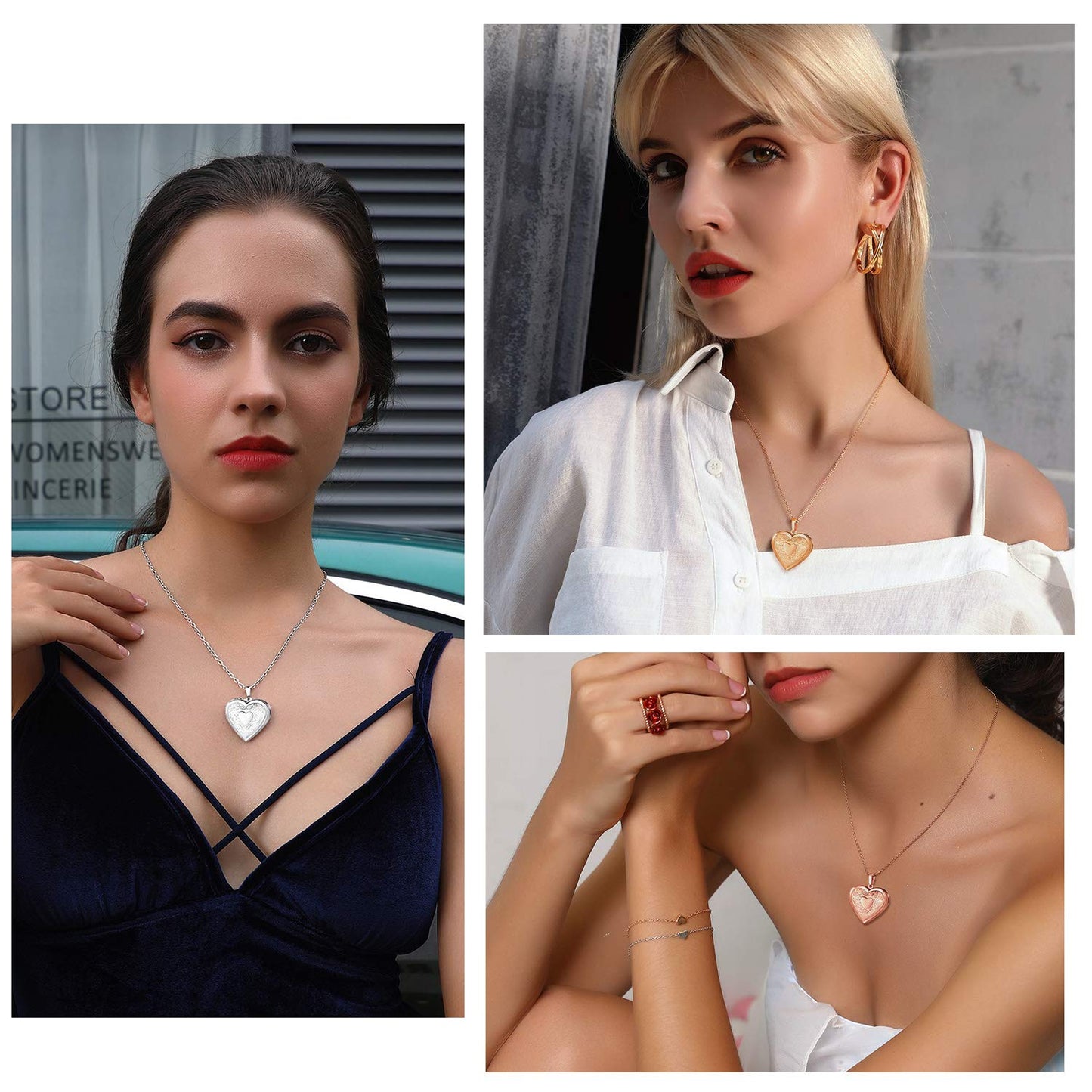 U7 Rose Gold Locket Necklace with Rolo Chain 22 Inch, Romantic Flower Heart Photo Locket Pendant for Women