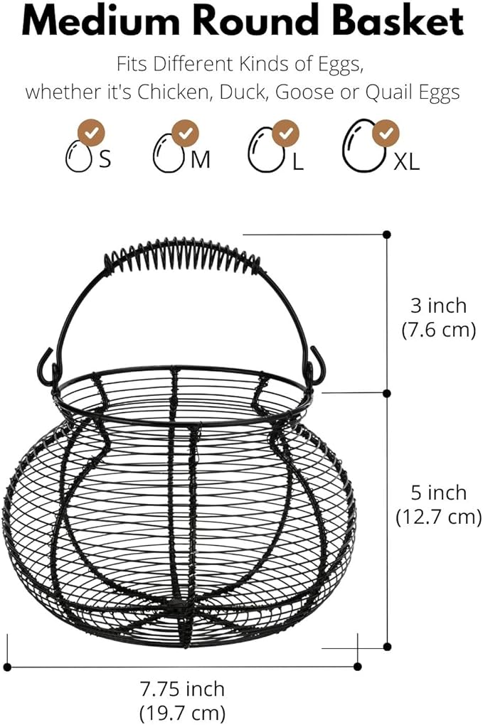 Flexzion Round Wire Basket - Chicken Egg Holder & Fruit/Vegetable Basket, Black, Rustic Farmhouse Style with Handle