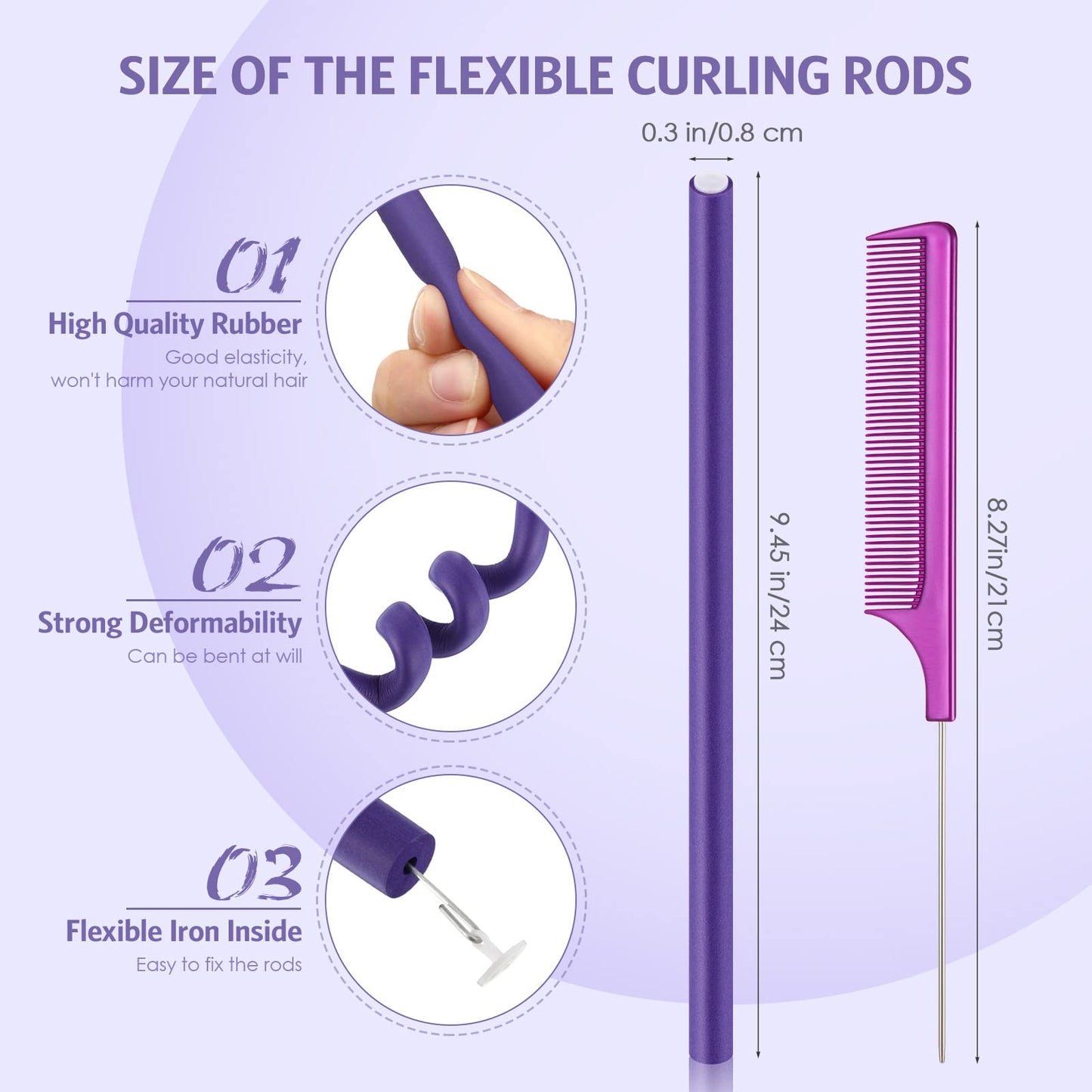 WILLBOND 60 Pieces Flexible Curling Rods Hair Curlers Rollers Twist Flexi No Heat Rods Rollers for Long Short Hair Women(0.3 x 9