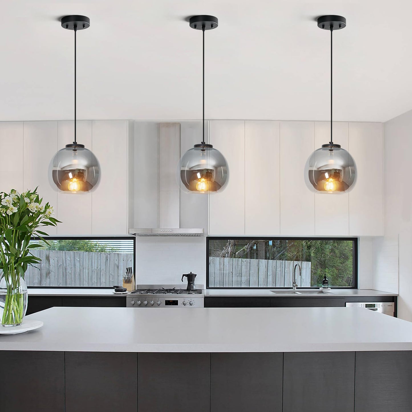 Lbsqj Mirror Smoke Gray Glass Pendant Lights Kitchen Island 3 Pack 7.87 Glass Globe Pendant Light Black Hanging Light Fixture Modern Pendant Lighting For Kitchen Island Bedroom Dining Room