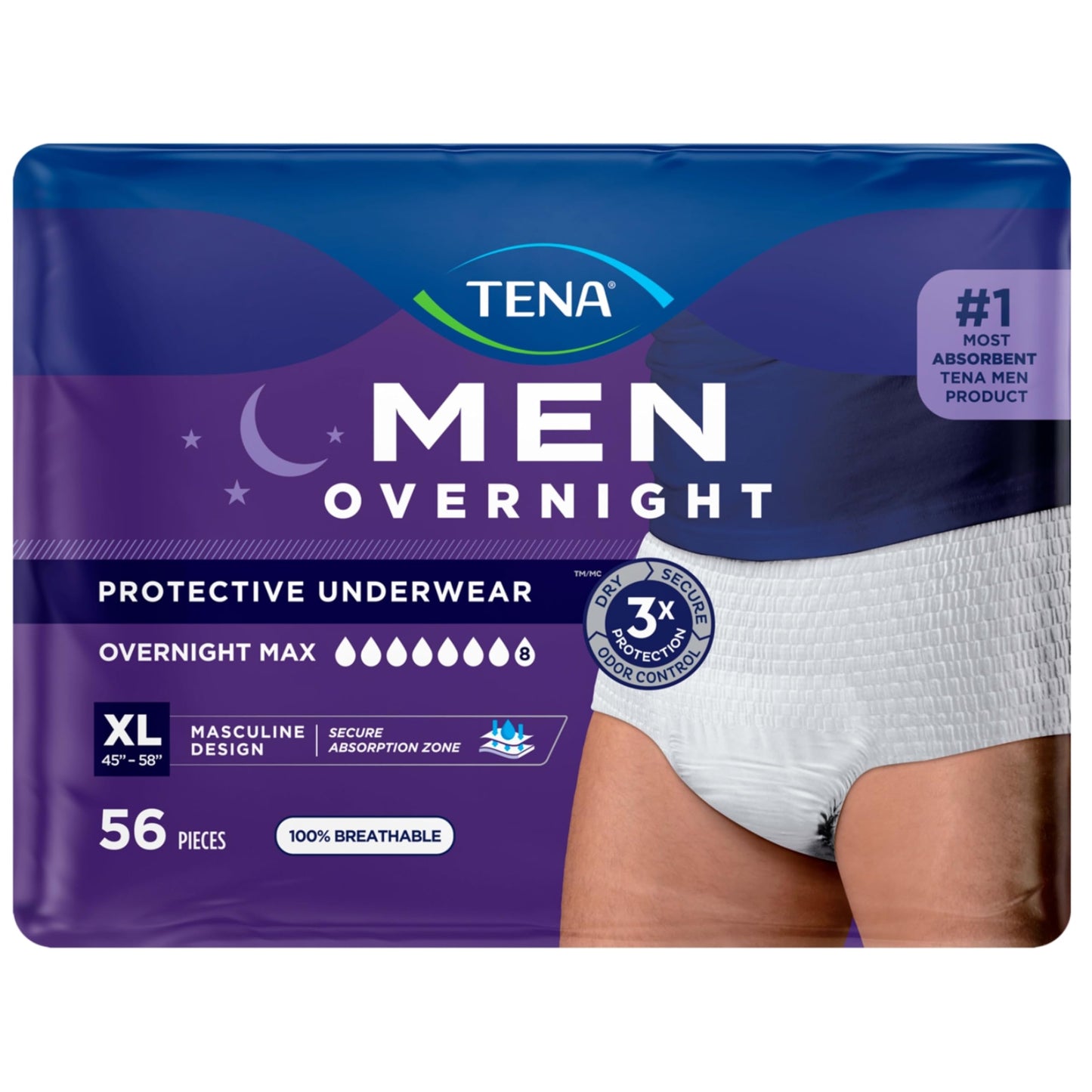 Tena Men Protective Incontinence Underwear for Men, Overnight Max, XL, 56 Count (Waist Size 45in-58in)