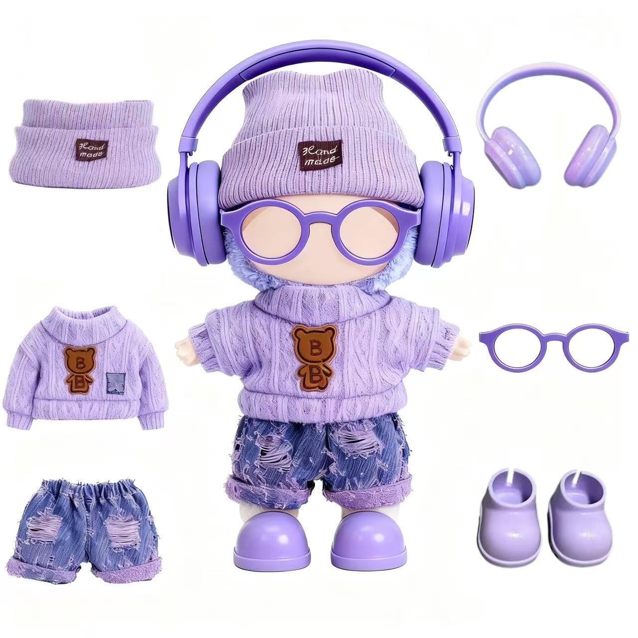 17cm Handcrafted Doll Clothes (NO Doll) – 6-Piece Set, Hat + Sweaters + Skirt + Headphones + Glasses + Shoes, Cute and Premium Dolls Outfit Accessories (Purple Sweaters Suit)