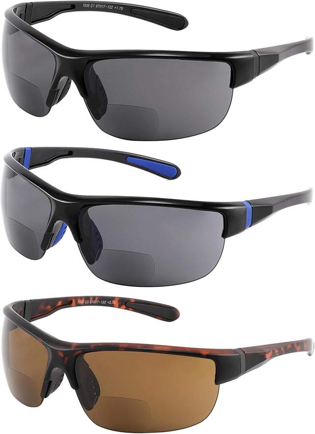 Yogo Vision Bifocal Sports Sunglasses Mens Wrap Around Half Rim Sunglasses Readers 3PK