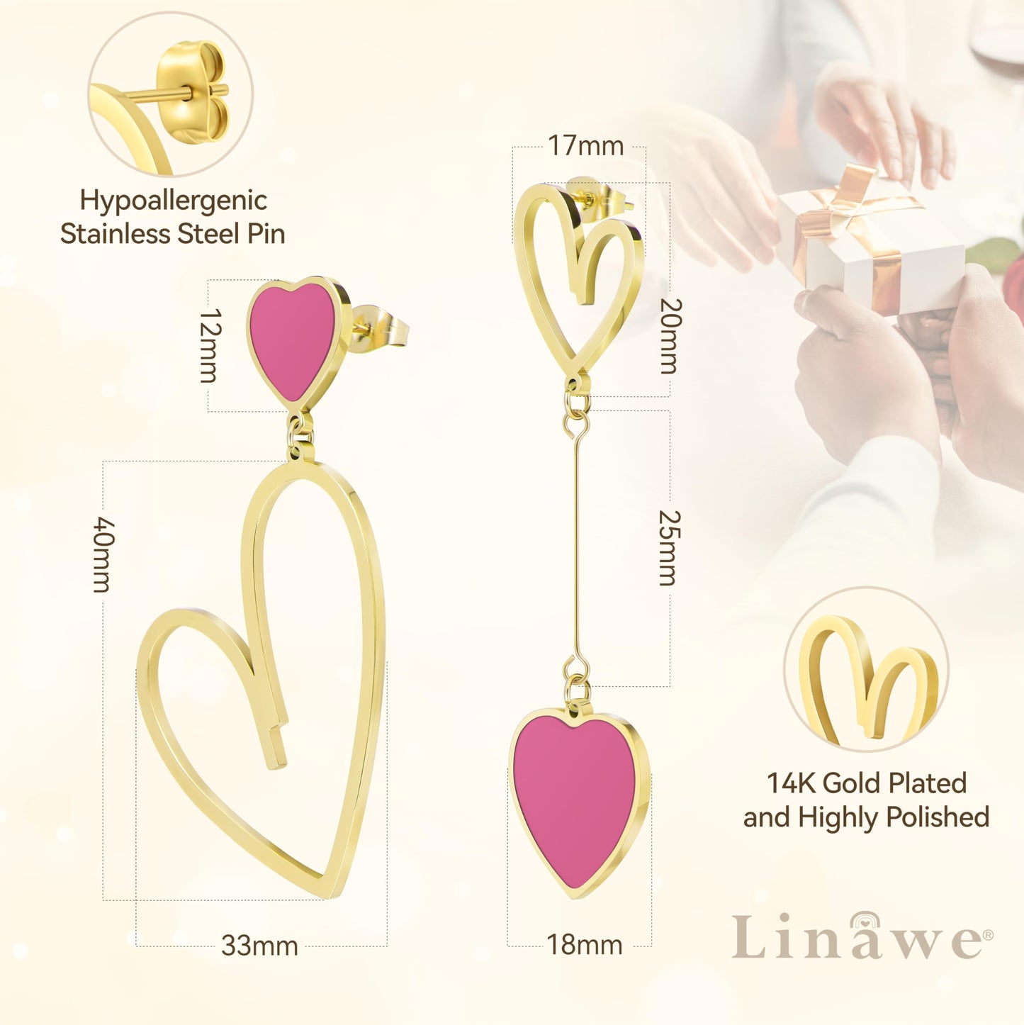 Linawe Hot Pink Heart Earrings for Women, Gold Dangle Drop Earrings, Titanium Surgical Steel Hypoallergenic Asymmetrical Earring