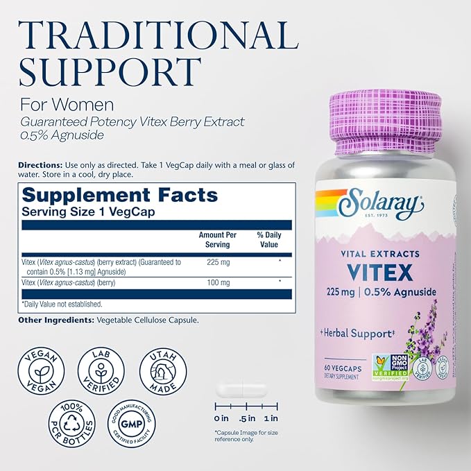 SOLARAY Vitex Berry Extract 225 mg - Chasteberry Supplement for Women - Traditional Hormone Balance Support - Chaste Tree Berry - Vegan, Lab Verified - 60 Servings, 60 VegCaps