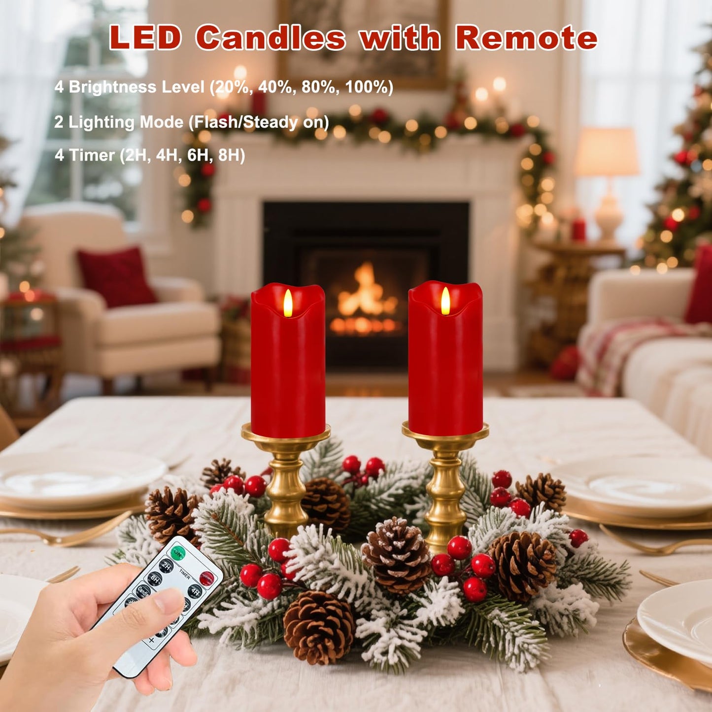 VEEKI Flameless Candles Light, Set of 2 6"x3" Flickering Christmas Flameless Candles with Remote & Timer, Dimmable Real Wax Pillar Candles Battery Operated, Red Candles for Home Xmas Decor (Red)