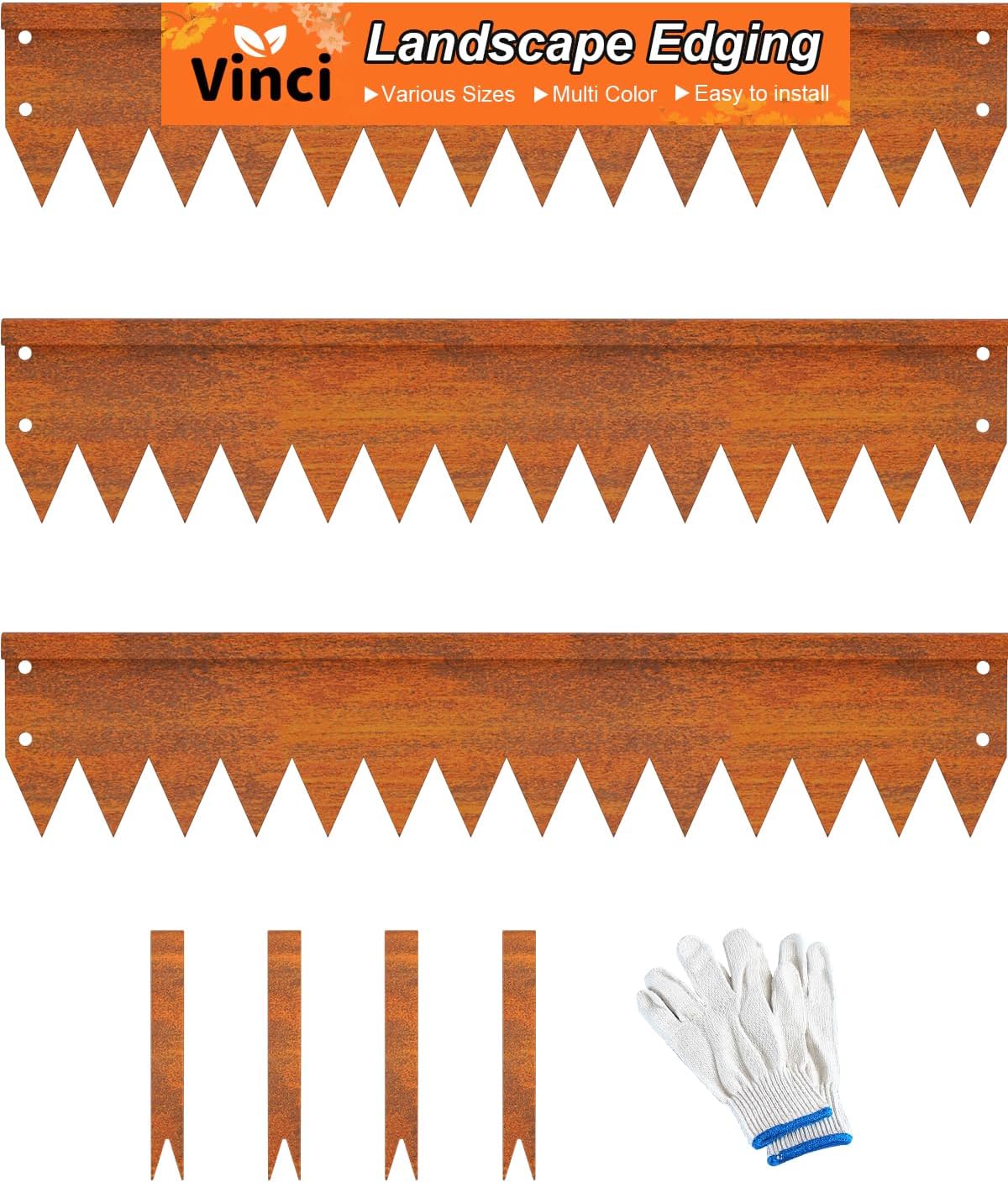 Vinci Landscape Edging Border, 40" L x 4" H 3Pack 10FT Total Rusted Corten Steel Garden Edging with Spikes, Sturdy Elegant Metal Lawn Broder for Flower Beds, Pathways, Paver Edges and Yard