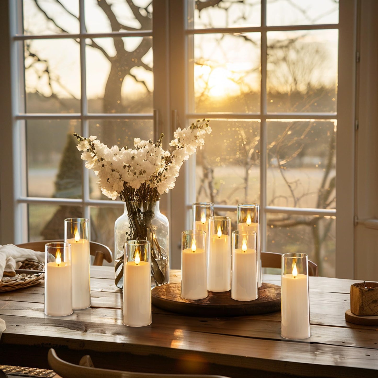 Amagic Pure White Flameless Candles, 9 Pack Battery Operated Candles with Remote and Timer, Acrylic Flickering Electric LED Candles for Wedding, Holiday Decor, D2.2''xH5''6" 7", Warm Yellow Glow