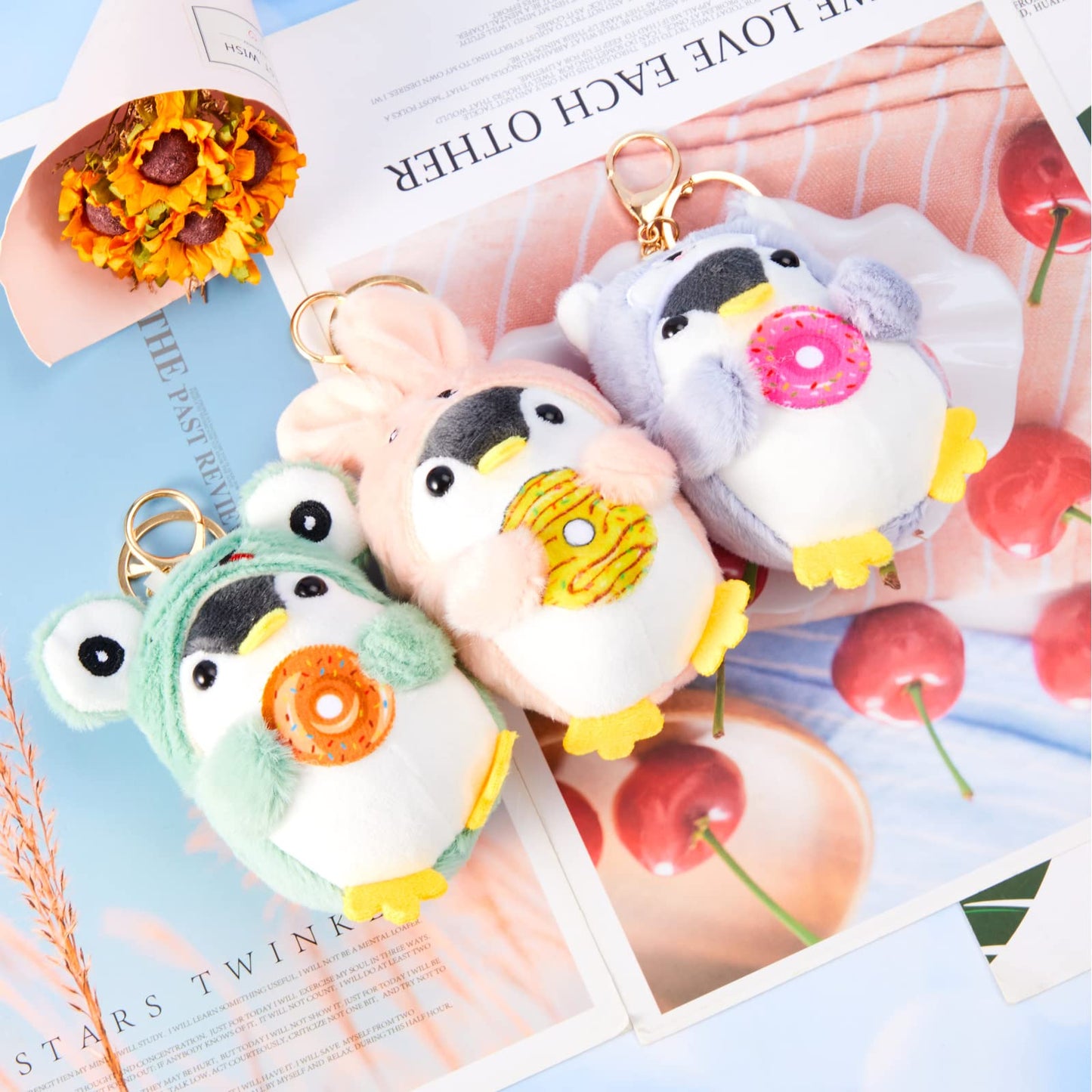 Kigeli 3 Pcs Cute Stuffed Penguin Keychain Plush Keychain Stuffed Animals Frog Bunny Dog costume Lovely Animal Pendant for Birthday Gift Backpack Car Key Decoration, 3 x 5.5 Inch