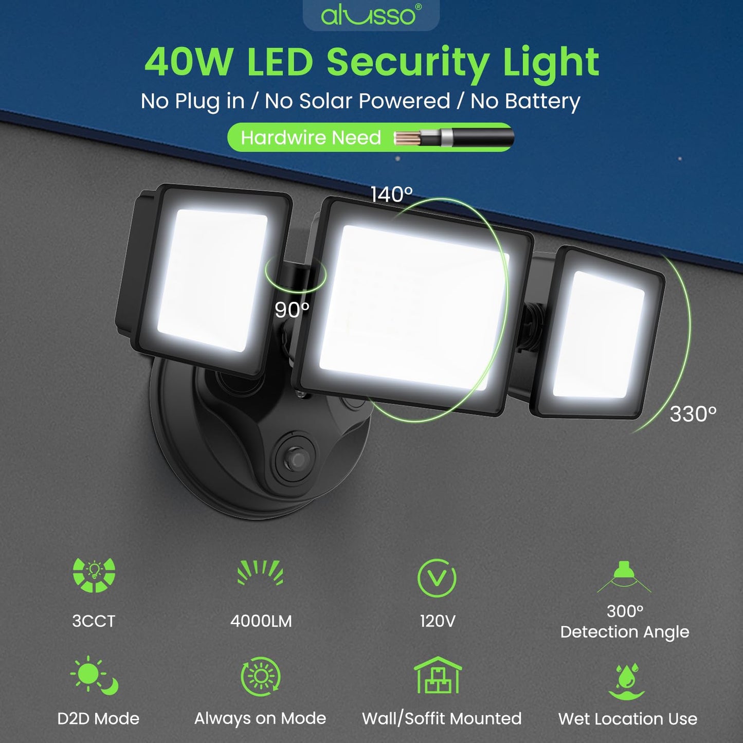 Alusso?Dusk To Dawn Outdoor Lighting  40W 4000Lm Dusk Till Dawn Outdoor Light  3000K/4000K/6000K 3Cct Ip65 3 Heads Security Lights Dusk To Dawn For House Garage Yard Walkway 1 Pack Black