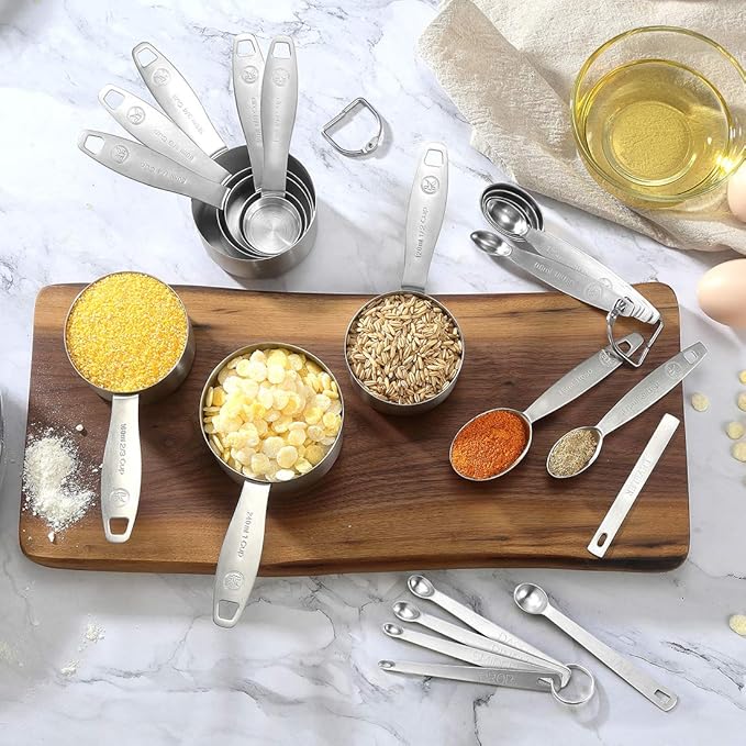 Measuring Cups and Spoons Set of 21 Piece in 18/8 Stainless Steel, Heavy Duty 8 Measuring Cups, 7 Measuring Spoons, 1 Leveler & 5 Mini Measuring Spoons Ideal for Dry and Liquid Ingredients