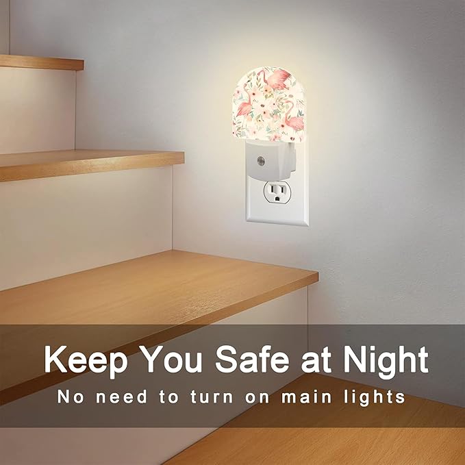 Pink Flamingos Flowers Night Light for Kids,Watercolor Tropical Floral Flamingo Night Light Plug in with Dusk to Dawn Sensor,0.5w Energy Saving Nightlight for Hallway Stairway Kitchen Bedroom