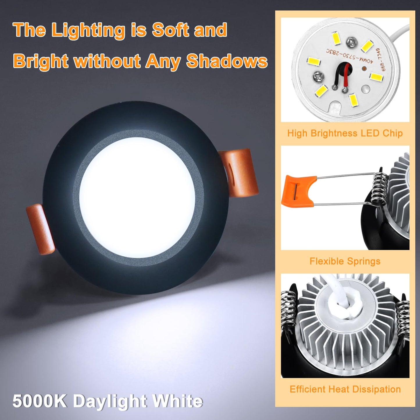 YGS-Tech LED Recessed Lighting Downlight 3W, 5000K Daylight White, Dimmable, 10 Pack, Plastic
