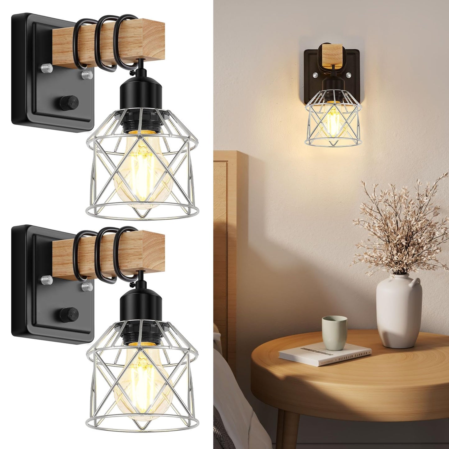 Fadimikoo Wall Sconces Set Of Two  Bedside Wood Wall Lamps With Rotary Switch  Black Bathroom Vanity Light With Silver Wire Cage  Rustic Dimmable Sconces Wall Lighting For Living Room  Hallway  Mirror