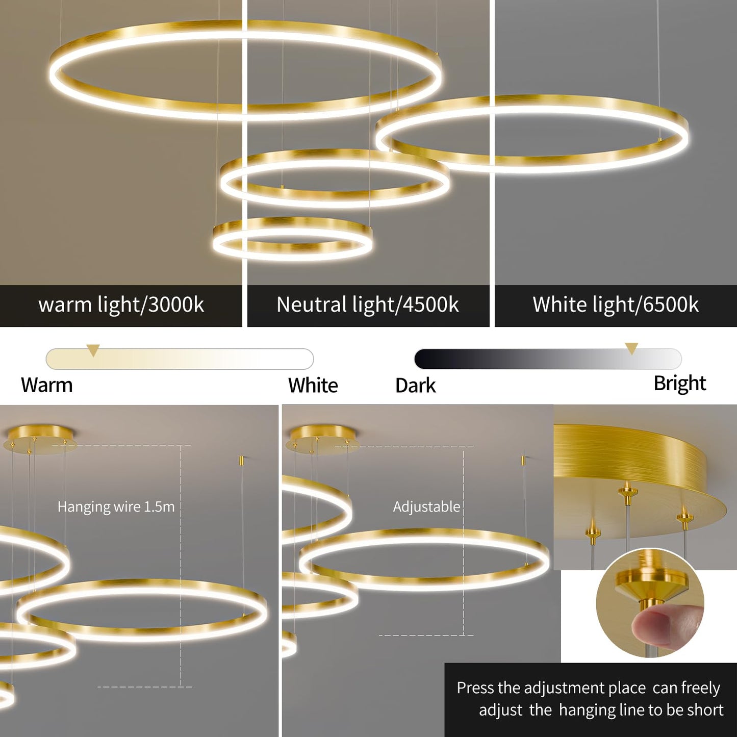 Matven Modern Dimmable Chandelier Light, Remote Control, 3 Color Modes, 39.3in, Gold, Acrylic, Model KD-YX