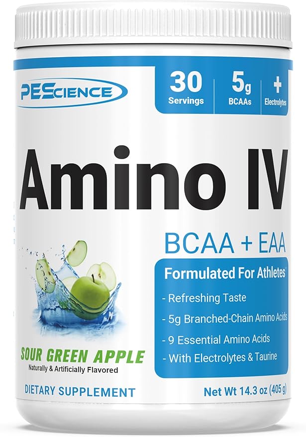 PEScience Amino IV BCAA & EAA Powder, Sour Green Apple, 60 Scoop, Essential Amino Acids, Taurine, Electrolytes for Hydration and Muscle Recovery, Sugar Free for Men & Women, Post Workout