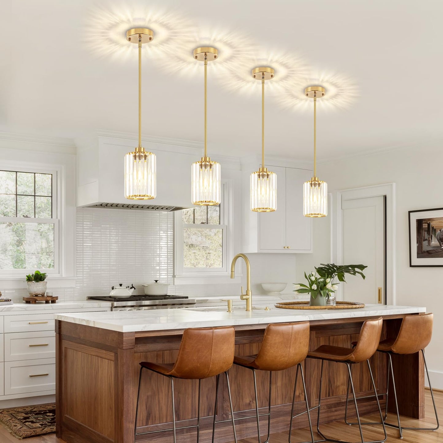 Zsmihdoh Pendant Lights Kitchen Island  Modern Brushed Gold Pendant Light Fixtures  Kitchen Hanging Lights Mini Chandelier Crystal Pendant Lighting For Island Dining Room Hallway Bedroom