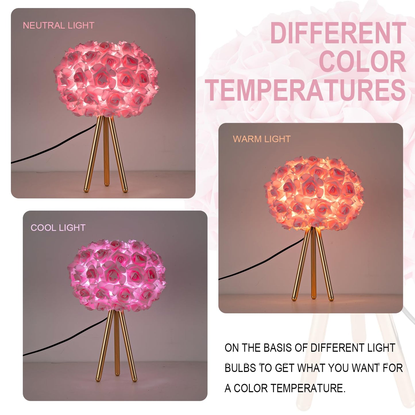 Zyleisenbao Pink Rose Flower Lamp Cute Table Lamp Flower Desk Lamp Floral Bedside Nighstand Light Atmosphere Girls Princess Lamp With Gold Tripod For Bedroom Wedding Christmas Gift Hotel Living Room