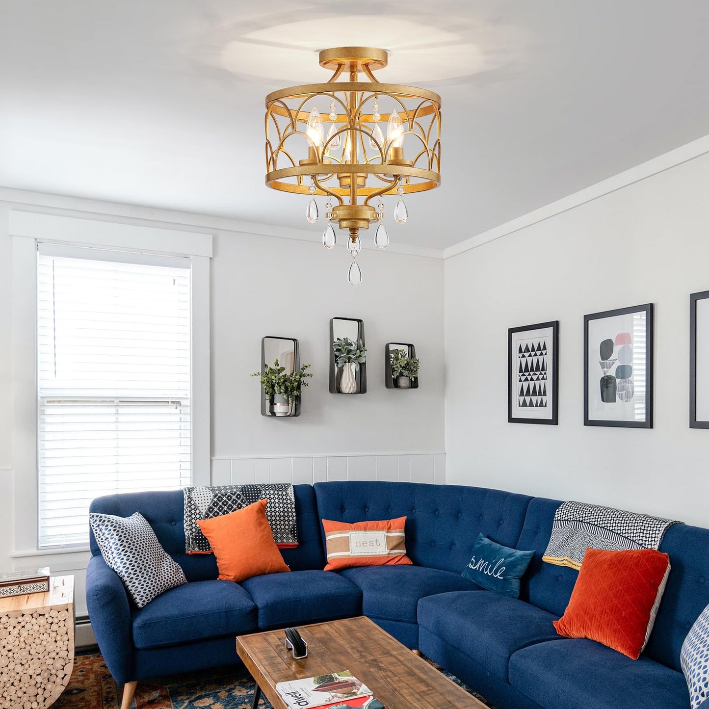 Crystal Ceiling Light Fixture  Modern Small Chandelier Light Fixture  Farmhouse Gold Semi Flush Mount Ceiling Light  Round Hallway Lighting Fixtures For Bedroom Entryway Closet Dining Room Living Room