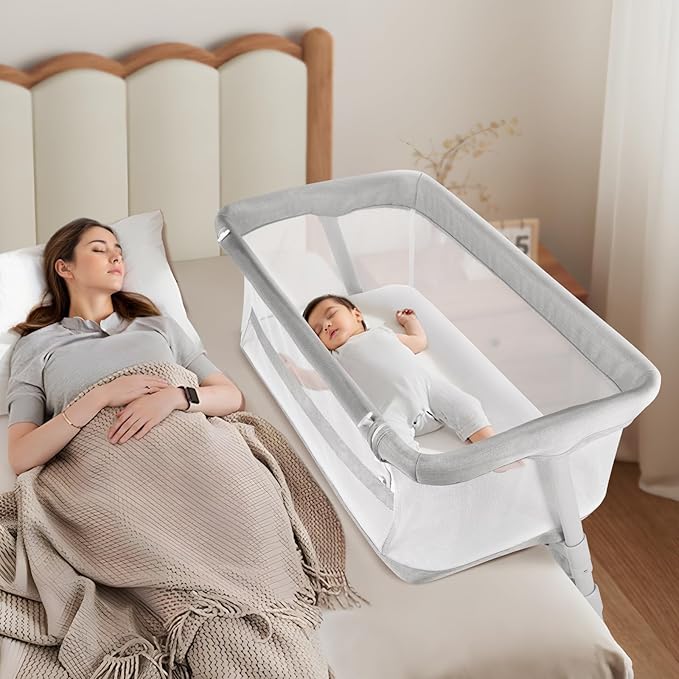 Cowiewie Bassinet Bedside Sleeper,Baby Bassinets Higher Place on Bed,5-Position Adjustment Baby Crib,Breathable 360°All-Around Mesh Sides Bedside Bassinet,Space-Saving Bedside Cribs, (Light Grey)