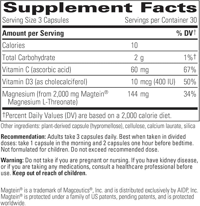 Integrative Therapeutics Magtein L-Threonate Plus, Cognitive Support*, Short-Term Memory Support*, Vitamin C, Vitamin D3, 90 Capsules